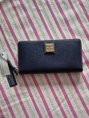 Dooney & Bourke Navy Saffiano Zip Wallet with Gold Plaque